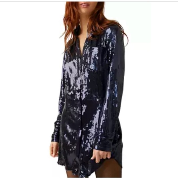 Free People Dresses & Skirts - Free People Sophie Dress In Midnight Blue Sequin. Women’s Size Large. Mini
